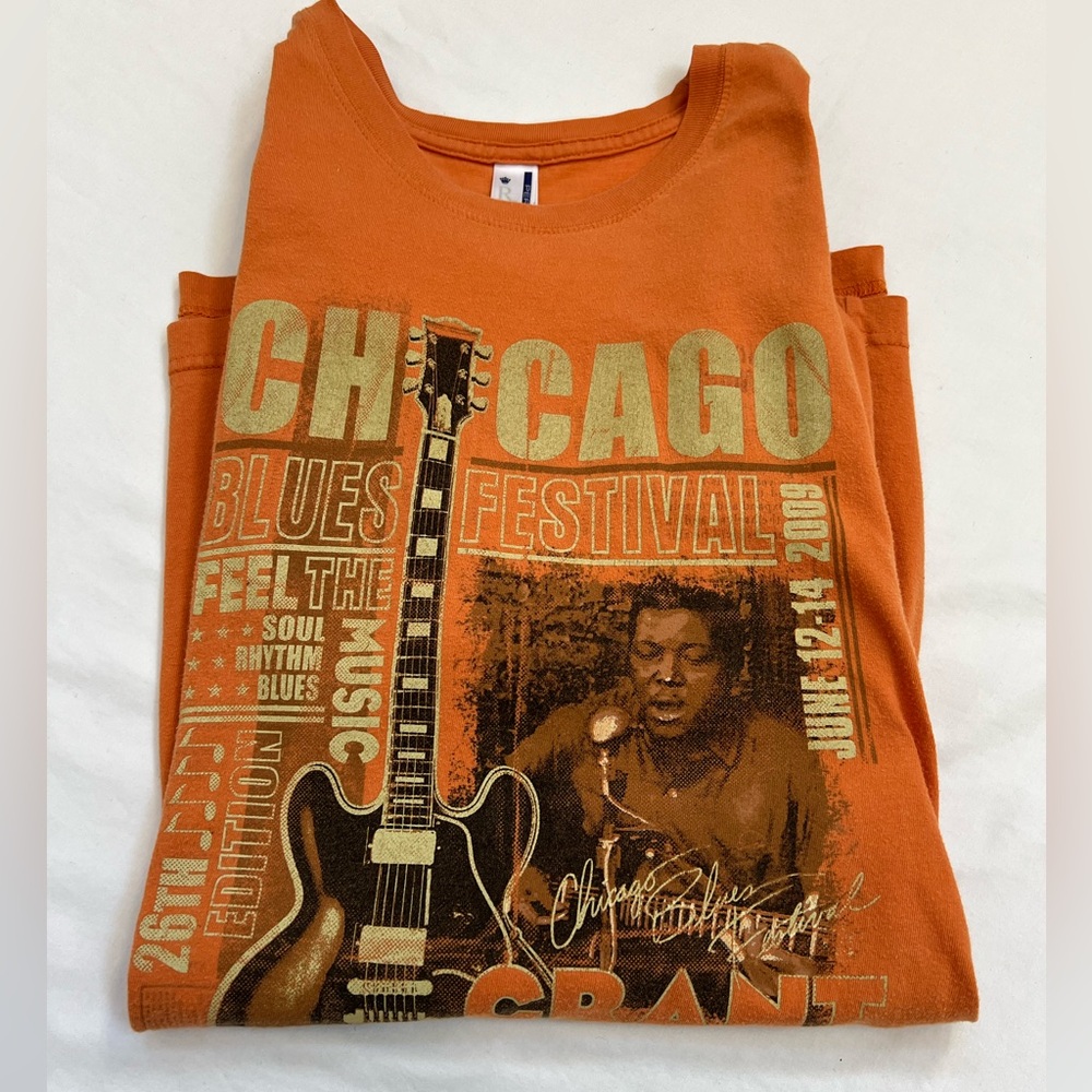 2009 Chicago Blues Festival T-Shirt LARGE Orange Bands Listed 2 Sided 26 Edition